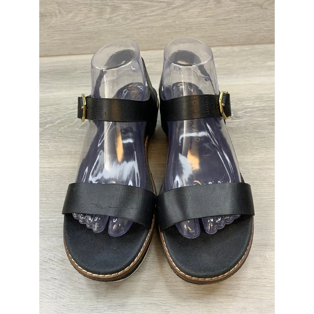 Cole Haan OriginalGrand Women's Sandals Black Leather Platform Wedge 7 Shoes